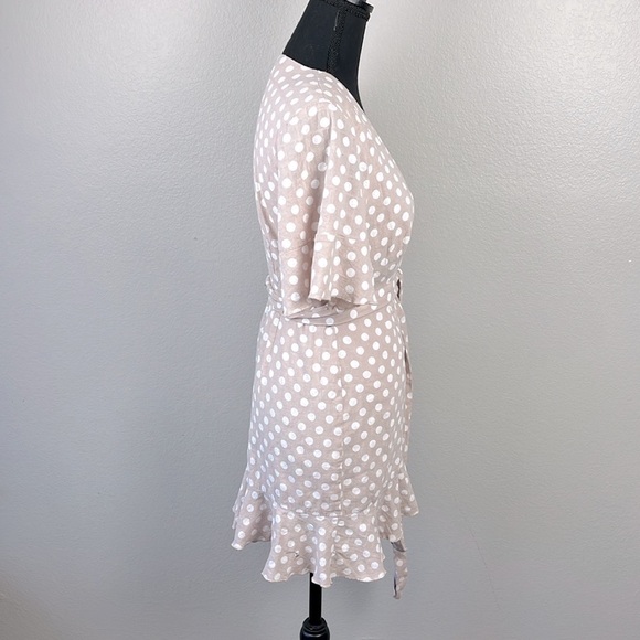 Majorelle Portia Mini Wrap Dress Side-Tie Short Sleeve Taupe Polka Dot Ruffled S - Picture 9 of 13